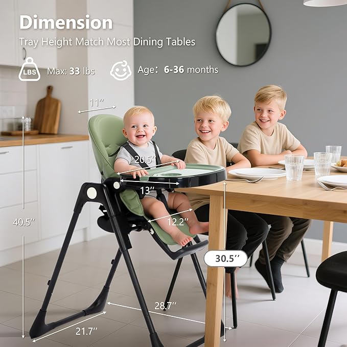 Kinder King Convertible High Chair for Babies & Toddlers, Adjustable Baby Feeding High Chair with Removable Double Tray, Simple Compact Fold for Space-Saving, 2 Built-in Wheels, Easy to Clean, Green