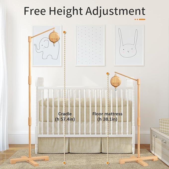 FEISIKE Baby Crib Mobile Arm with Music Box Spin Motor, 57.4 Inch Mobile Arm for Crib Wooden Nursery Decor Hanger Holder for DIY Mobile