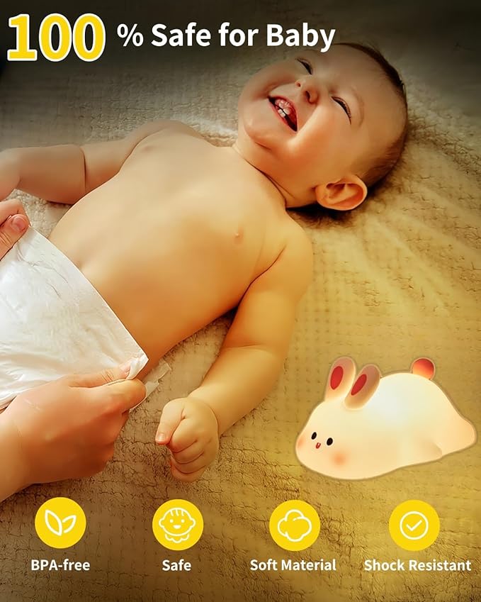 Big Face Rabbit Night Light, Cute Bunny Gifts, Silicone Squishy Rabbit Lamp, Rechargeable Dimmable Animal Nightlight, Baby Night Light for Nursery Breastfeeding Bedroom Living Room