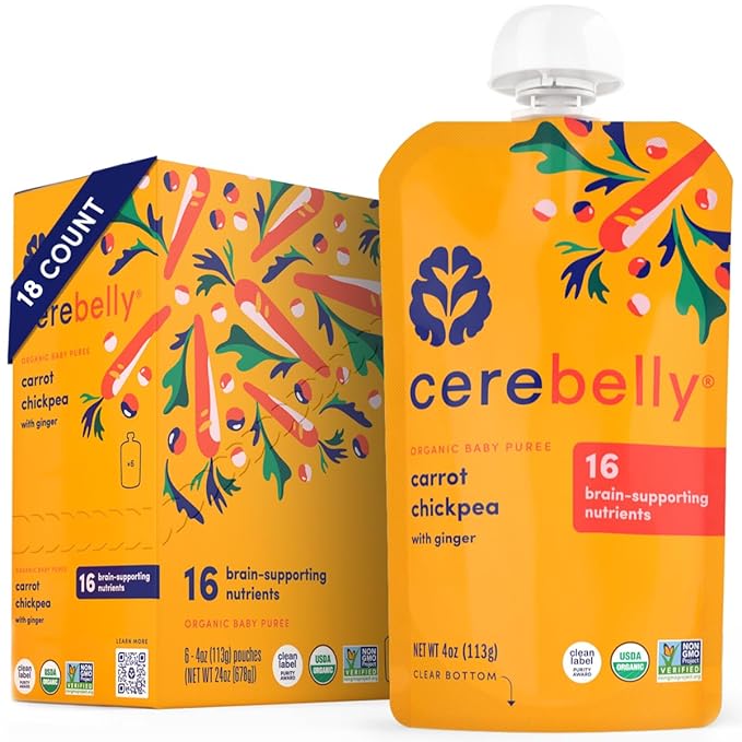 Cerebelly Baby Food Pouches, Veggie Purees for Toddlers, No Added Sugar, Fiber, Non-GMO, 4 Ounce BPA-Free, Carrot Chickpea, 18 Count