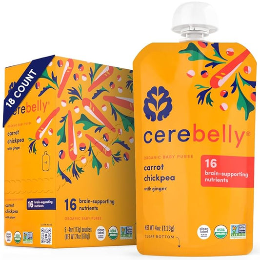 Cerebelly Baby Food Pouches, Veggie Purees for Toddlers, No Added Sugar, Fiber, Non-GMO, 4 Ounce BPA-Free, Carrot Chickpea, 18 Count