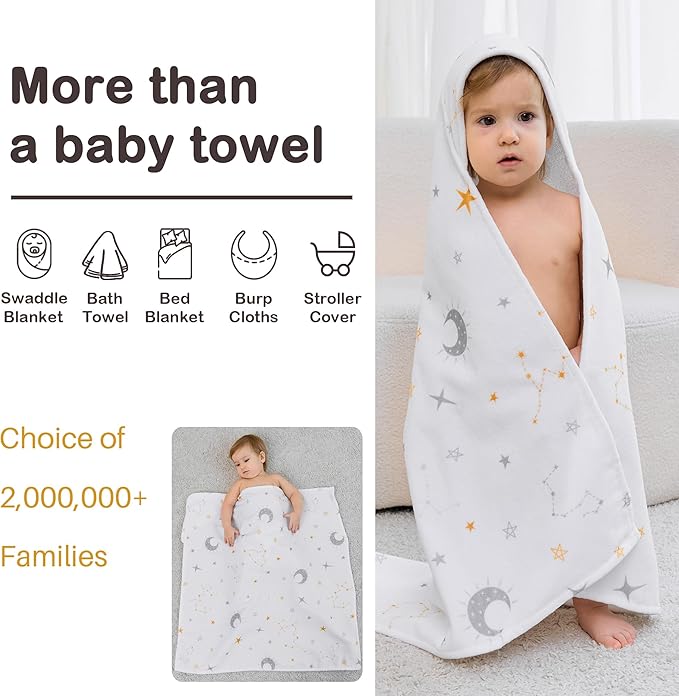 Viviland 2 Pack Hooded Baby Towels, Soft 100% Cotton Baby Bath Towels with Hood, Extra Thick and Absorbent, Essential for Newborns, Kids, Infants - Girls and Boys (Moon & Leaves)