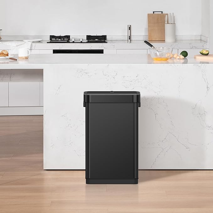 EKO Deluxe Mirage-T 50 Liter / 13.2 Gallon Touchless Rectangular Motion Sensor Trash Can, Matte Black Stainless Steel Finish