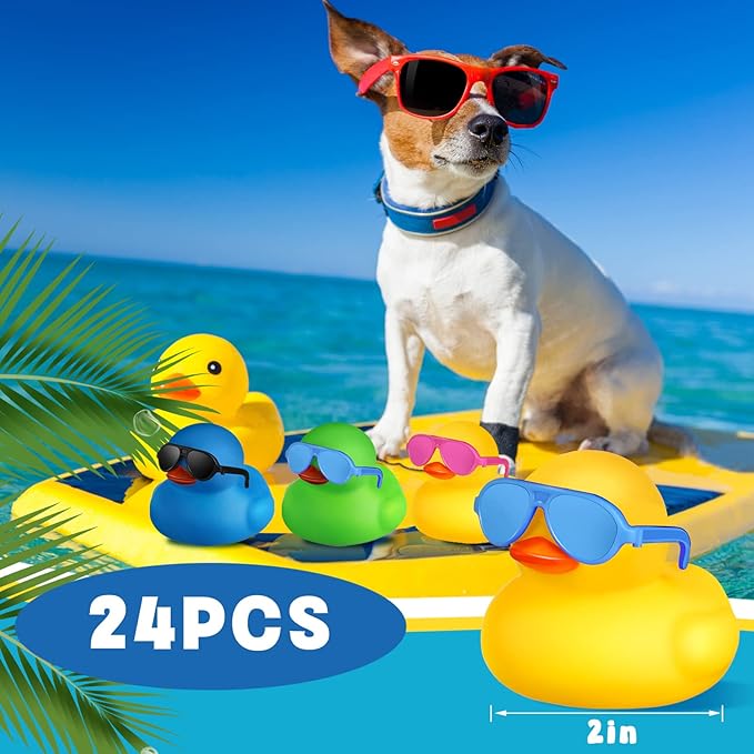 24 Pcs Mini Rubber Ducks with Sunglasses, Rubber Ducks in Bulk Valentine Bathtub Toys for Cruise Valentines Kids Classroom Gift Exchange(Eyeglasses,Yellow, Blue, Pink, Black, Green)