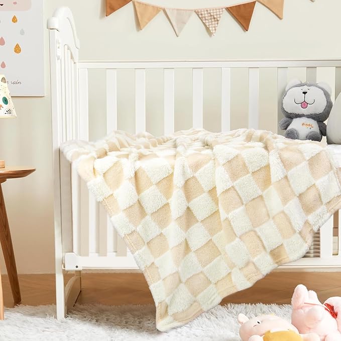 HOMRITAR Baby Blanket for Unisex Soft Cozy Reversible Checkerboard Toddler Blankets, Fluffy Fuzzy Plush Lightweight Bed Blanket with Chessboard Grid Design 350GSM Khaki 30 x 40 Inch