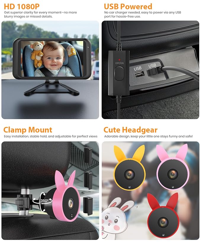 Babyvue BV2 USB Baby Car Camera: 4.5" 1080P Car Seat Camera with IR Night Vision & Shockproof Clip, Real-Time Infant Monitoring, Baby Must Have Gift for New Moms & Newborn Essentials