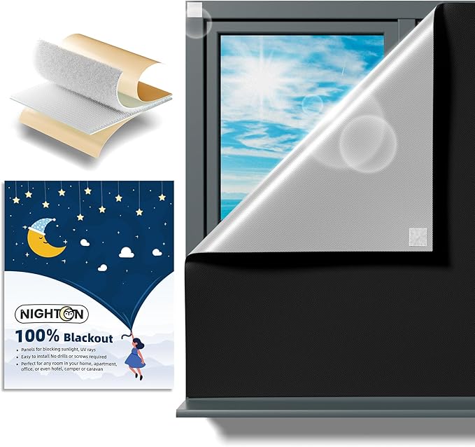 NIGHTON Portable Blackout Curtains 48"×57" Strong Hook and Loop Tape Strips with Adhesive,Black Out Shades That can be Cut,100% Blackout Material Window Blinds for Baby Nursery or Travel Use - Black