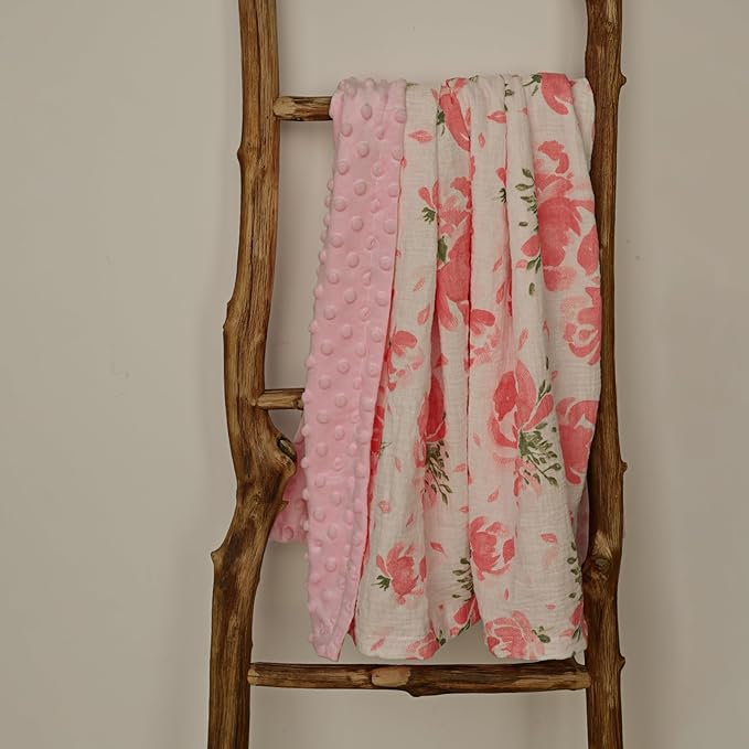 GLLQUEN BABY Blankets for Unisex Boys Girls, 2-Pack Muslin Cotton Front Soft and Breathable,and Dotted Fleece Backing, Printed Bed Nursery Minky Blankets for Newborn, Pink Flower,30 x40 inches