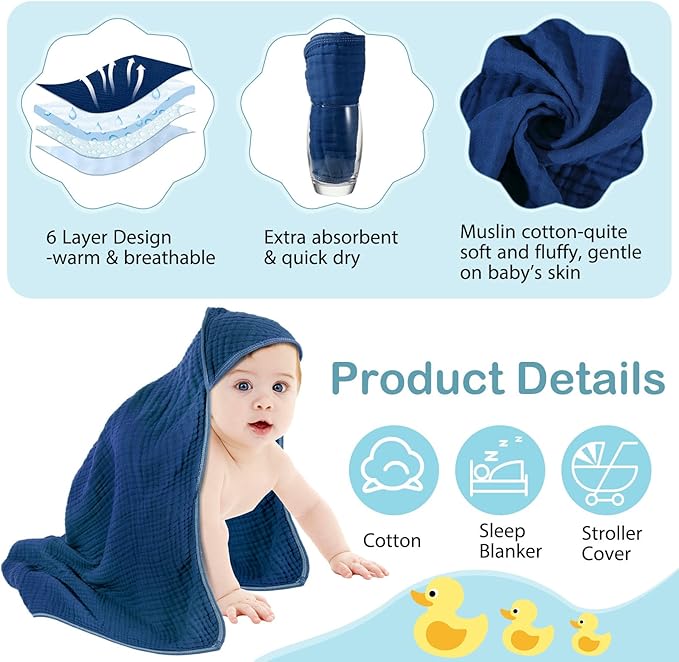 Peryiter 4 Pcs Muslin Hooded Baby Towels, 32"x 32" Cotton Newborn Bath Towel Muslin Infant Baby Blankets Absorbent Unisex Christmas Registry Gift Essentials for Girls Boys (Blue Series)