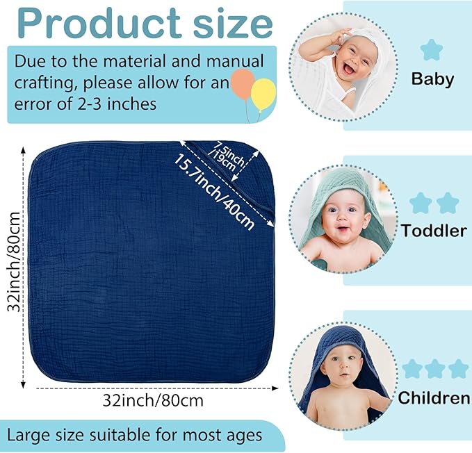 Peryiter 4 Pcs Muslin Hooded Baby Towels, 32"x 32" Cotton Newborn Bath Towel Muslin Infant Baby Blankets Absorbent Unisex Christmas Registry Gift Essentials for Girls Boys (Blue Series)