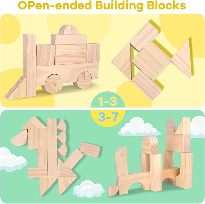 64-Piece Wooden Building Blocks with Storage Tray | Natural Wood Preschool Educational Toys for Toddlers Ages 3+ | Ideal Gift for Boys & Girls
