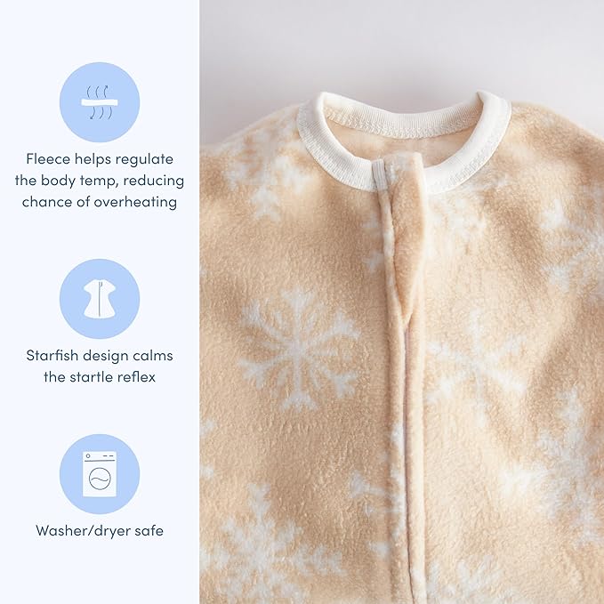 SleepingBaby Zipadee-Zip Transition Swaddle - Cozy Fleece Wearable Blanket with Two-Way Zipper for Baby Sleep - Snowflakes, Small (4-8 Month)