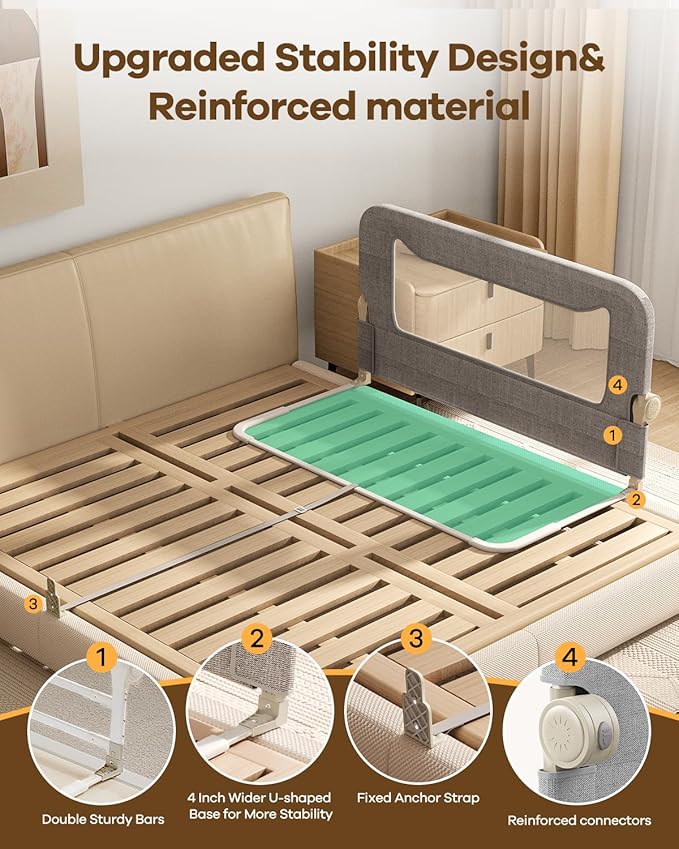 Foldable Bed Rail for Toddlers, 47in Reinforced Carbon Steel Frame&Connectors, Breathable Cationic Fabric, Safety Toddler Bed Rails for Queen, King, Twin, Full, No-Tool Setup.