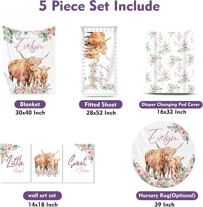 Personalized Nursery Crib Bedding Set: Custom Name Floral 5 Piece Baby Crib Sets with Highland Cow Design - Toddler Double Layer Blanket Set, Comfortable Crib Bed Sheets for Baby Grils