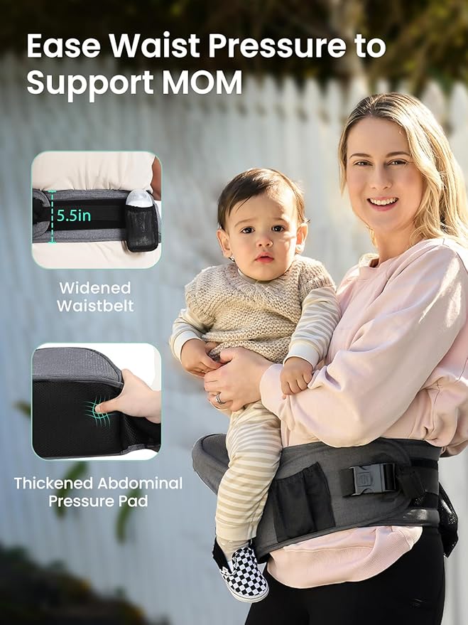 Baby Hip Seat Carrier, GROWNSY Ergonomic Hip Seat Baby Carrier with Multiple Pockets, Adjustable Extended Waistband for Newborns & Toddlers up to 50 lbs, Grey