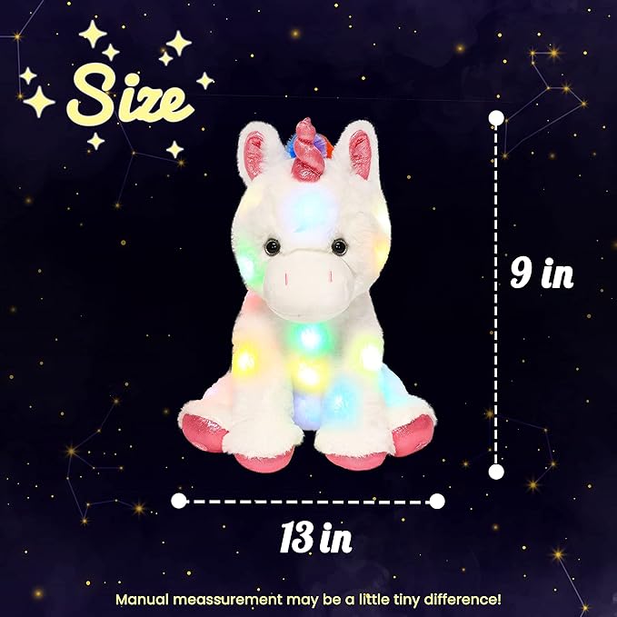 Hopearl LED Plush Unicorn Lighting Up Stuffed Animal Floppy Night Lights Glow in The Dark Birthday Festival for Kids Toddler Girls, White, 13''