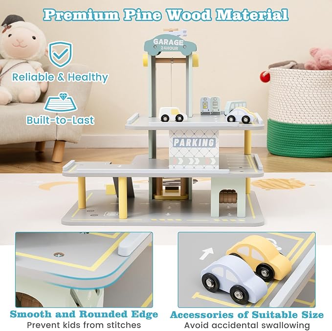 Costzon Toy Car Garage, Multi-Level Wooden Toy Garage with 4 Cars, Helicopter, Gas & Charging Station, Ramp & Working Elevator, Parking Garage for Toy Cars, Pretend Play Gift for Kids Toddlers 3+