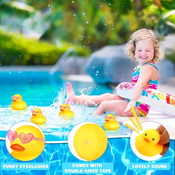 Chivao 12 Pcs Rubber Ducks with 12 Sunglasses/ Hats/ Headwear Small Mini Carnival Cruise Birthday Rubber Duckies Bathtub Toys in Bulk(Duck with Heart Glasses,Yellow)