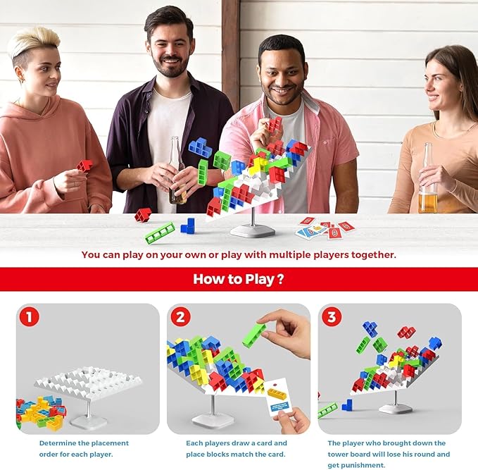 360° Tetra Balance Tower Stacking Blocks Game for Teens & Adults - Family Party Travel Board Games, Team Building STEM Educational Toy (2-4 Players)