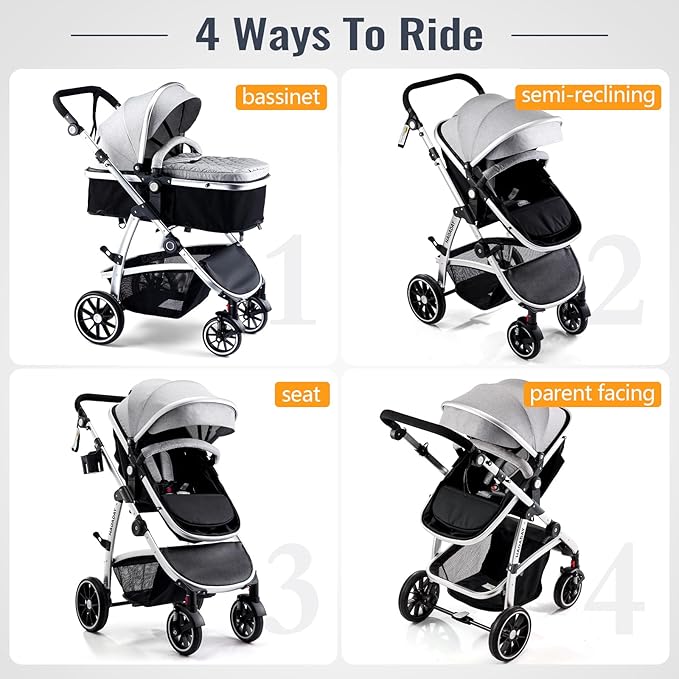 Baby Stroller, 2-in-1 Reversible Toddler Seat with Basket Mode, Foldable Infant Stroller with Canopy, One Button Brake, Adjustable Handle, Newborn Pushchair (Gray)