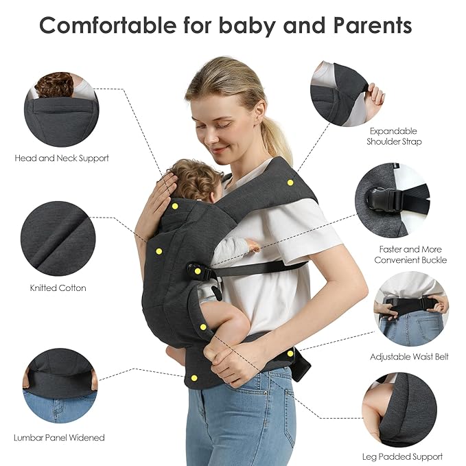 Baby Carrier Newborn to Toddler Baby Wraps Carriers(7-30lbs), Newborn Carrier with Head Support, Infant Holder Carrier with Enhanced Lumbar Support, Dark Grey