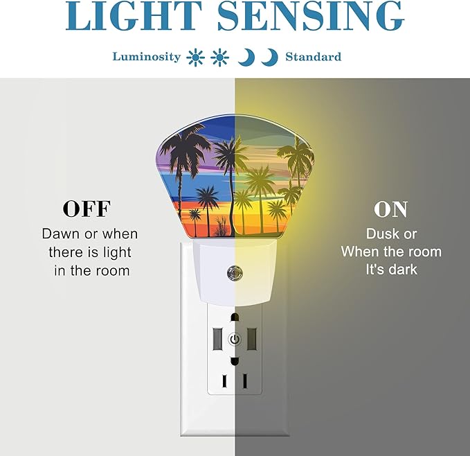 Tropical Palm Tree Night Light Plug into Wall, Sunset Beach Night Light with Dusk to Dawn Sensor for Kid Girls Boys Women Men Bedroom, Hallway, Kitchen, Bathroom, Stairs Decor