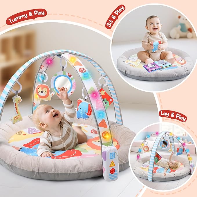 CUTE STONE Baby Play Gym & Tummy Time Mat with Lights, Sounds, Detachable Toys, Adjustable Volume Activity Gym Baby Mat for Infant Sensory & Motor Development, Newborn Baby Gift