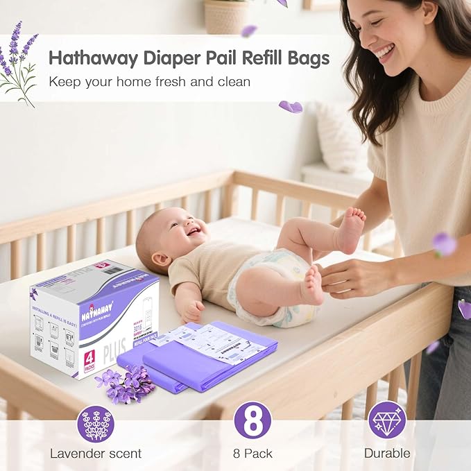 Diaper Pail Refill Bags Compatible With Dekor Plus Diaper Pail, Extra 30% Length, Lavender Scent, 4 Pack