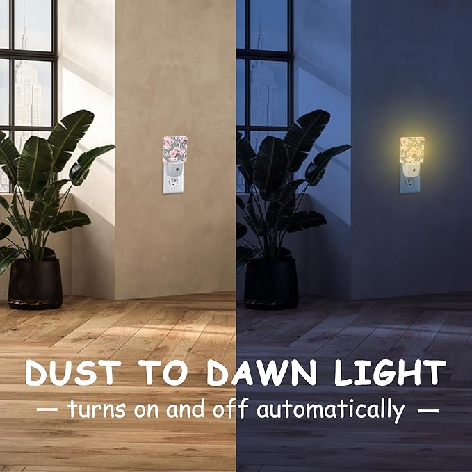 Night Light Plug Wall,Pink Flowers and Grey Leaves LED Night Lights with Dusk to Dawn Light Sensor for Women Girls Boys Room Decor,Hallway,Kitchen,Bathroom,Nursery,Stairs