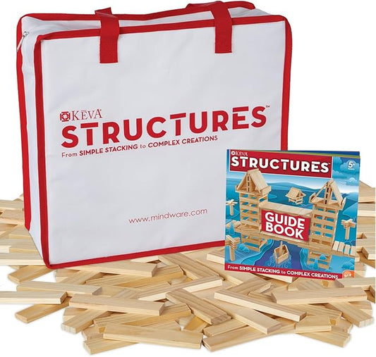 MindWare KEVA Structures 400 Plank Wooden Building Blocks Set - Includes 400 Pine KEVA Planks, Canvas Storage Bag and Full-Color Idea Book