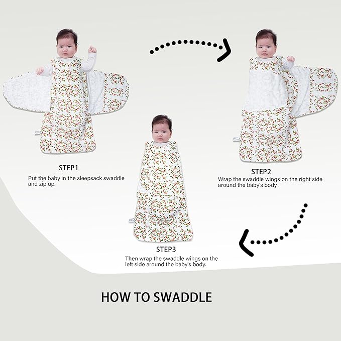 Baby Sleep sack Swaddle,Swaddles 3-6 Months,3-Way Adjustable Wearable Transition Blanket 100% Organic Cotton 2-Piece,12-18 lbs,1.0 TOG(Floret&Cherry)