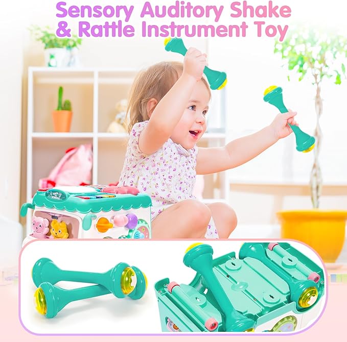 Baby Gift for 1-2 Year Old Girl, 10-in-1 Montessori Toys Bus for Baby 6-12-18 Months+, First Christmas and Birthday Gifts, Blue Educational Musical Sensory Learning Toddler Toys Age 1-2