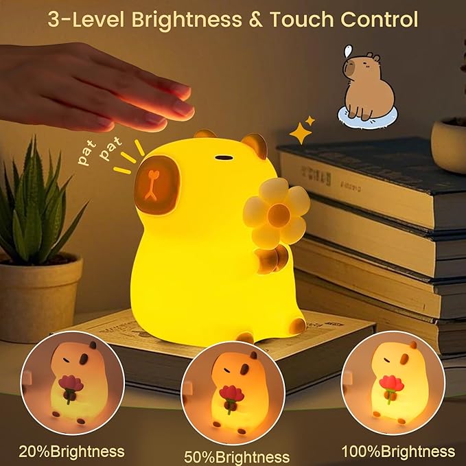 Capybara Night Light, Nursery Lamp, 7-Color RGB & 3-Level Warm Dimmable Warm, Tap Control, 30Min Timer, 100% Safe &Soft Silicone, Adorable, Soothing Ambiance, Gift for Kids, Detachable Flower