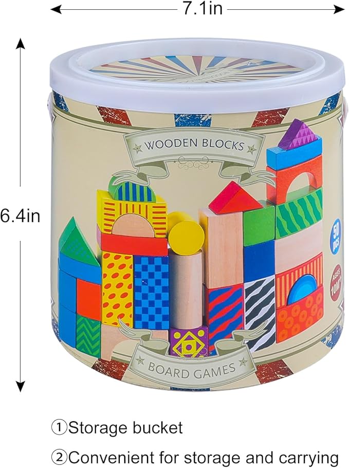 50 Pcs Wooden Building Blocks Set with Storage Bucket, Montessori Stacking Blocks & Shape Sorting Toys for Toddlers, Preschool Learning Toys for Boys & Girls, Kids Brightly Colored Blocks