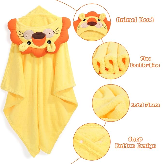 Toddler Bath Towel with Animal Hood for 0-5 Years,2 Pack Coral Fleece Bath Towels with Large Size 50 in*32 in,Ultra Absorbent Thick Soft for for Baby Kids Chirdern, Blue Elephant & Yellow Lion