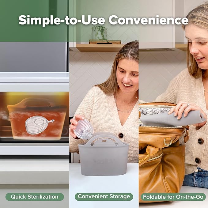 haakaa Wearable Silicone Breast Pump with Steriliser Bag, 2-in-1 Hands-Free Passive Breast Milk Catcher for Nursing Mom, Breastfeeding Essentials, 75ml Shell Pump & 750ml Steriliser Bag - Grey