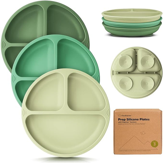 KeaBabies Suction Plates for Baby, Toddler - 3-Pack 100% Silicone Toddler Plates with Suction, Divided, BPA-Free Baby Led Weaning Essentials for Kids, Dishwasher, Microwave Safe, Durable (Forest)