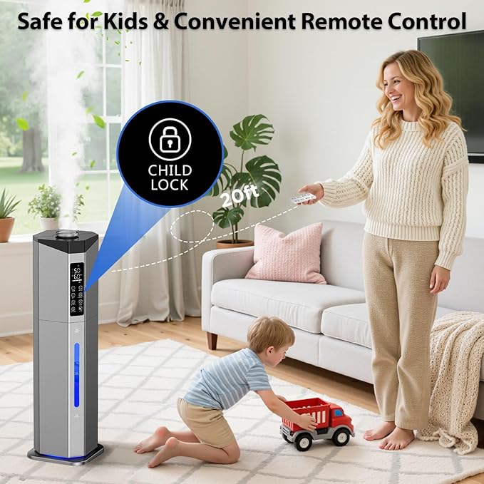 Humidifiers for Bedroom - GloryAir 2.38Gal/9L Dual Atomizers Top Fill Humidifier for Large Room 2000ft² with Auto Rotation 7-Color Light Humidistat Quiet Commercial Humidifiers for House Plants Baby