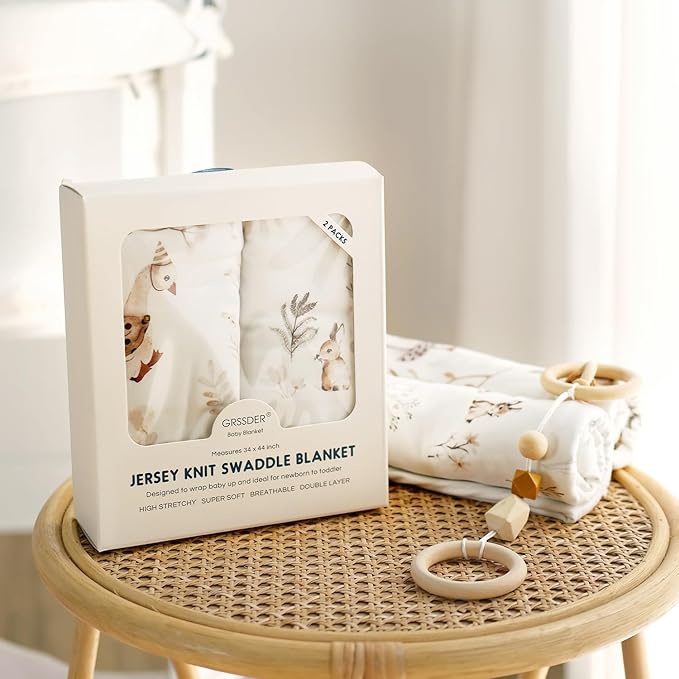 GRSSDER Baby Blankets Super Soft Stretchy Jersey Swaddle Blanket 2 Pack for Baby Boys, Double Layer Reversible Receiving Blankets 34 x 44, Extra Large for Swaddling, Cute Duck & Rabbit