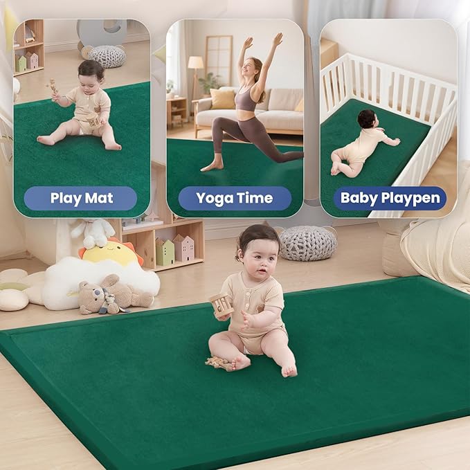 Baby Play Mat for Floor,1.3" Thick Elasti-Foam 74×50 Play Mat for Toddlers Infant Kids,Water-Repellent Soft Coral Velvet for Tummy Time, Non-Slip Backing for Crawling,Tatami Style(Dark Green)