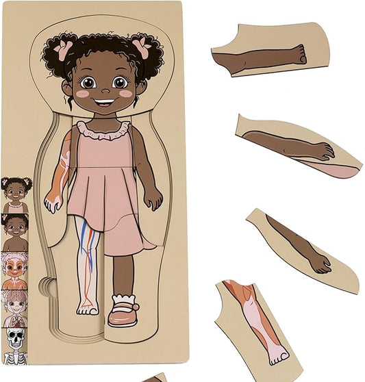 My Body Parts Puzzle for Toddlers Kids African Girl Montessori Wooden Anatomy Puzzle 3-5 Years Old Preschool Learning Game Human Body Cognitive Toys
