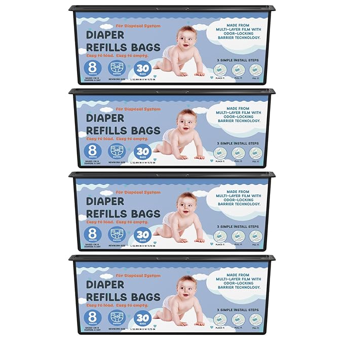 Diaper Pail Refills Bags with 30 Bags Compatible with Genie Easy Roll Signature Diaper Pails and Platinum Diaper Pails, Lasts Up to 8 Months, 7-Layer Odor-Barrier Technology, 4 Pack (120 Bags)