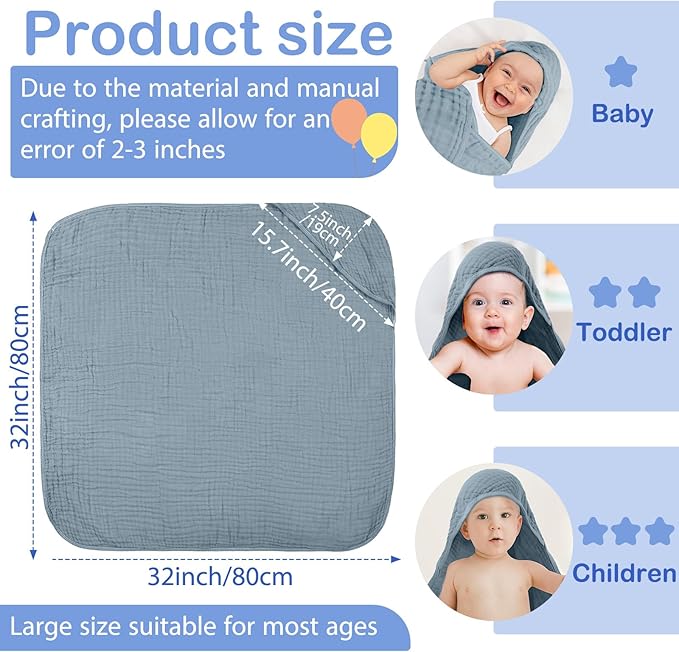 Peryiter 4 Pcs Muslin Hooded Baby Towels, 32"x 32" Cotton Newborn Bath Towel Muslin Infant Baby Blankets Absorbent Unisex Christmas Registry Gift Essentials for Girls Boys (Green Series)