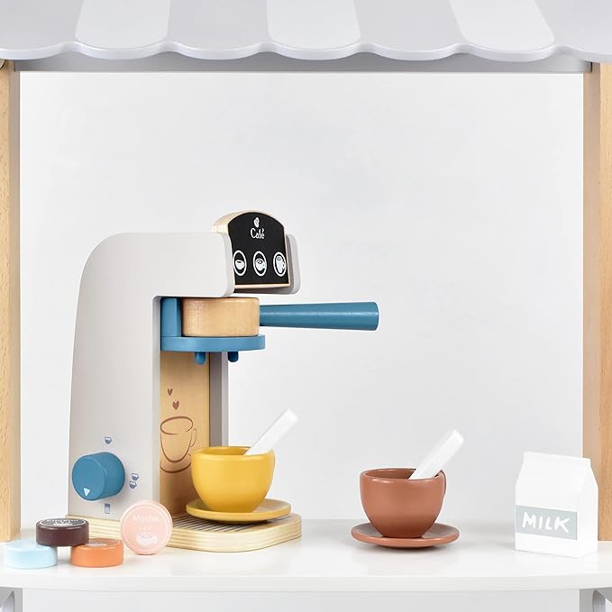 PairPear Wooden “Drop-Pod” Coffee Maker Toy， 13 Pieces Espresso Machine Playset, Barista & Cappuccino Pretend Play Kitchen Accessories Gift for Girls and Boys Age 3+