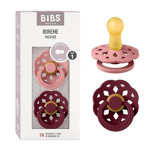 BIBS Pacifiers 0-6 Months | Boheme Collection 2-Pack | BPA-Free Round Nipple | Nautral Rubber Latex | Made in Denmark | Dusty Pink/Elderberry