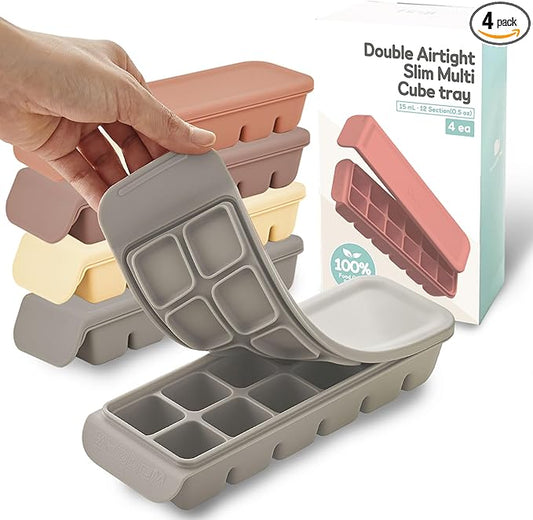 Silicone Freezer Trays with Lid, 0.7oz 12 Section 4 Sets - Leak Proof Silicone Freezer molds for Homemade Baby Food Breastmilk, Purees, Vegetables, Baby Food Jars Ice Tray with Lid BPA Free Mix