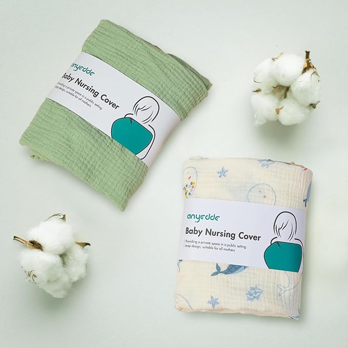 2-Pack Nursing Cover for Baby Breastfeeding - Muslin Breastfeeding Covers for Women Nursing, Breathable, Soft Arch Neckline, Green & Whale