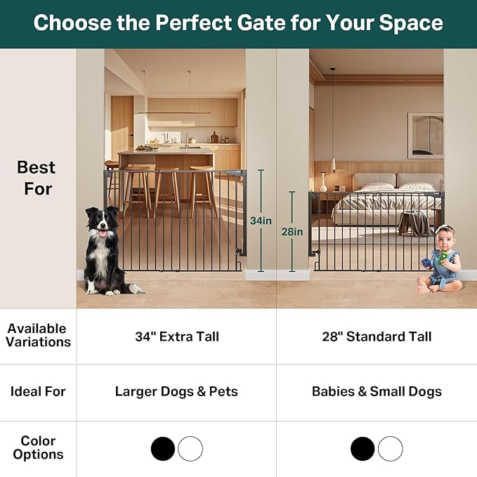Cumbor 34" Extra Tall No Bottom Bar Baby Gate for Stairs, Wall Mounted Dog Gate Indoor for Larger Pets, Expandable 31.6-48" Safety Gate for Doorways, Wide Walk Thru Door for Easy Access (Black)