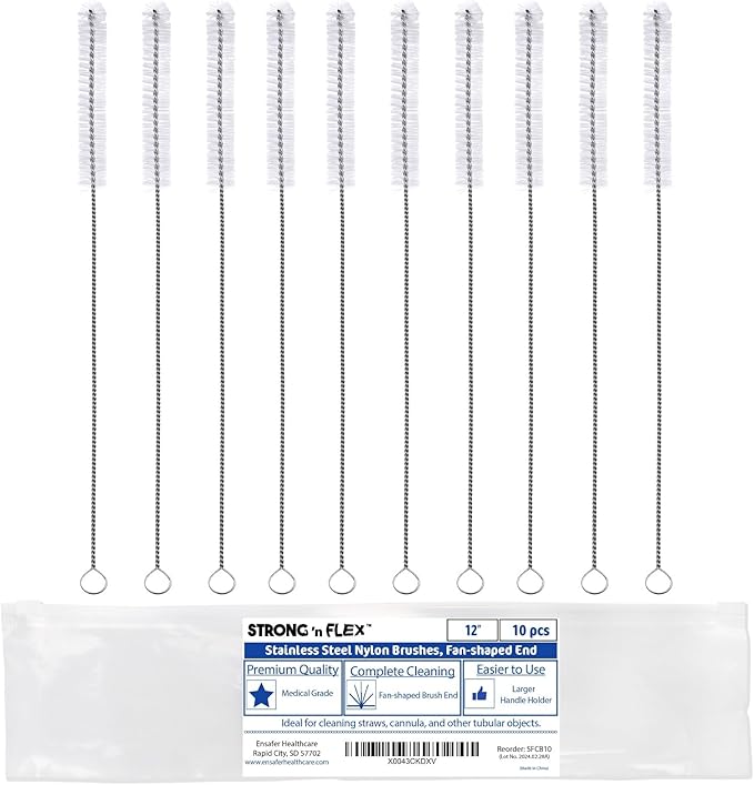 Strong 'n Flex Nylon Straw Cleaner Brushes – Fan-Shaped End for Tight Spaces, Ideal for Reusable Straws, Water Bottles, Sippy Cups & Pipes – Includes Zippered Pouch – 12" Long – Set of 10