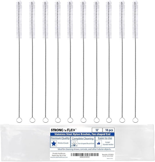 Strong 'n Flex Nylon Straw Cleaner Brushes – Fan-Shaped End for Tight Spaces, Ideal for Reusable Straws, Water Bottles, Sippy Cups & Pipes – Includes Zippered Pouch – 12" Long – Set of 10